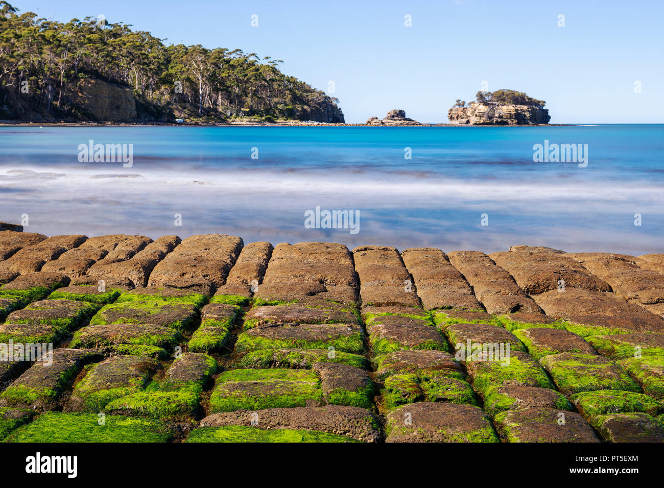 View of Tessellated Pavement in Pirates Bay, Tasmania. Stock Photo