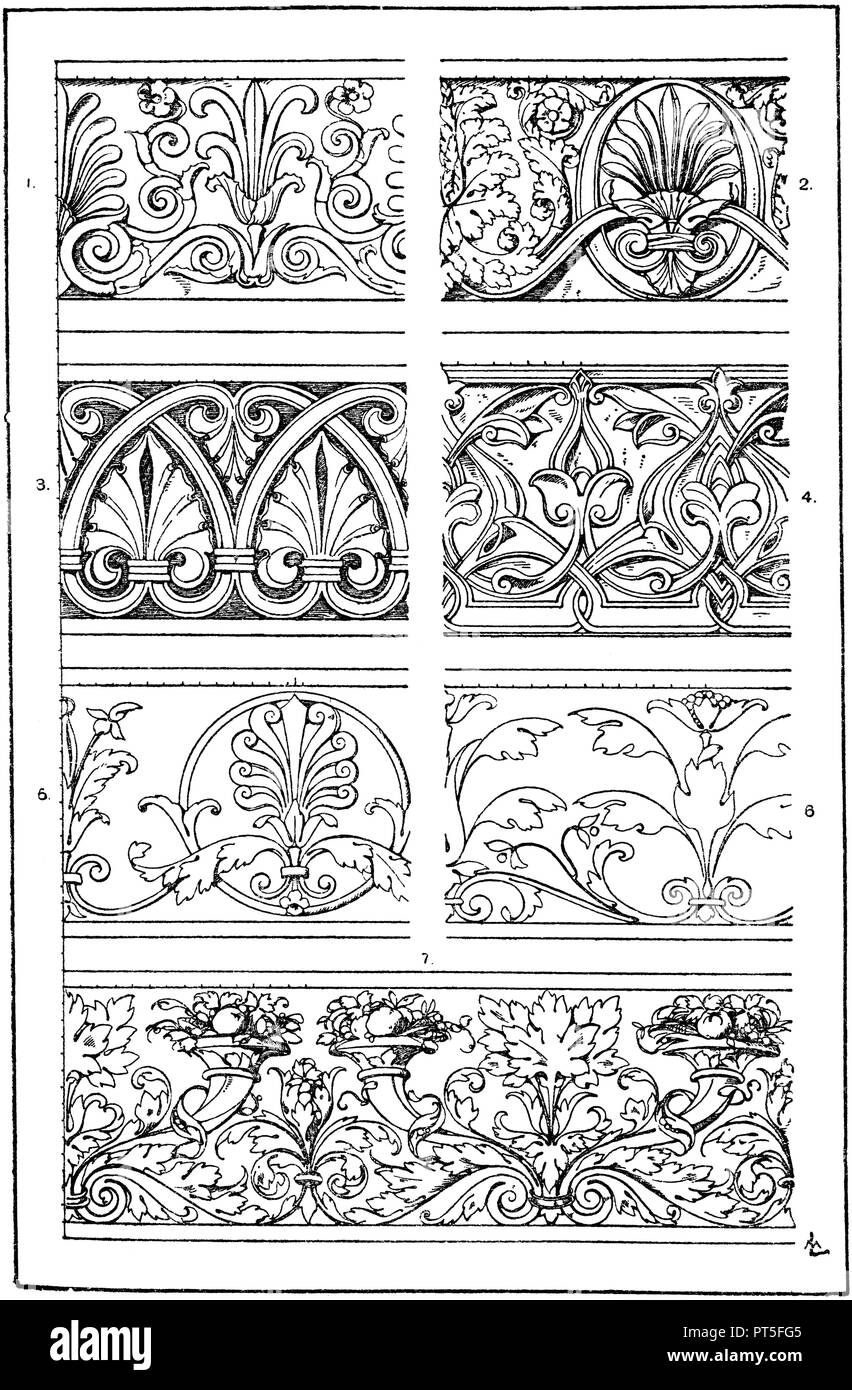 Ongoing terminations: 1. Greek frieze ornament from the Erechtheion in Athens. 2. Roman frieze ornament. Restored. (Fragments de l 'architecture antique). 3. Romanesque frieze ornament from the 13th century. (Pattern ornaments). 4. Arabic ornament from the mosque of Sultan Hassan in Cairo. 14th Century. 5. Marble frieze. Ital. Renaissance. From the tomb of Conte Ugone, Badia, Florence. (Weißbach and Lottermoser). 6. Intarsia frieze. Ital. Renaissance. (Meurer). 7. Decoration example. (Kolb and Högg, models for the ornate drawing), 19th century, ML  1918 Stock Photo