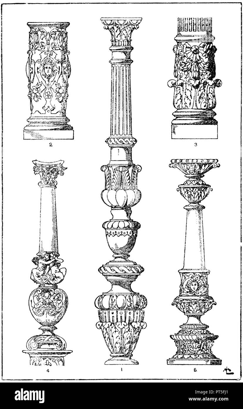 Column Shafts: 1. Candelabrum-like pillar from a four-poster bed. (French Renaissance). 2. Lower part of a pillar from the Dome to Mainz. 3rd pillar of the Palais du commerce in Lyon. (Raguenet). 4th pillar of a diploma from Dir. Hammer in Nuremberg. 5th pillar of an allegorical representation of Anton Seder in Strasbourg. (Gerlach), ML  1918 Stock Photo