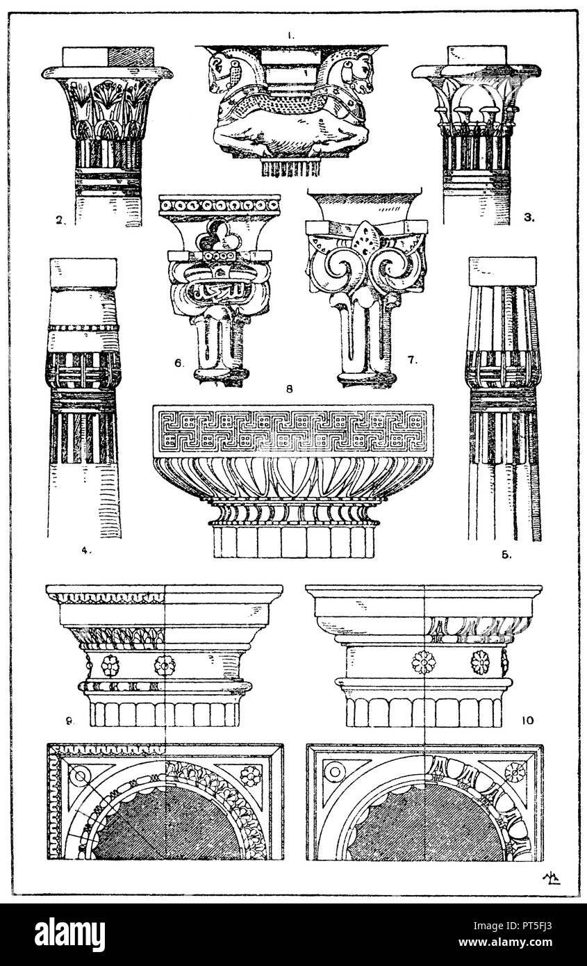 Columnary capitals: 1. Old Persian capitulum of Persepolis. 2. Egyptian capital from the temple to Koom-Ombos. 3. Egyptian capital from the temple to Philae. 4. Egyptian capital from the memnonium to thebes temple. 5. Egyptian capital from the temple to Luxor. (Owen Jones). 6.-7th Moorish capitals from the Alhambra. Hall of the two sisters. (Raguenet). 8. Greek-Doric pillar capitell. 9. Roman Doric column capitel from the Baths of Diocletian. (Mauch and Lohde). 10. Doric pillar capitell. Italian Renaissance. After Barozzi da Vignola., ML  1918 Stock Photo