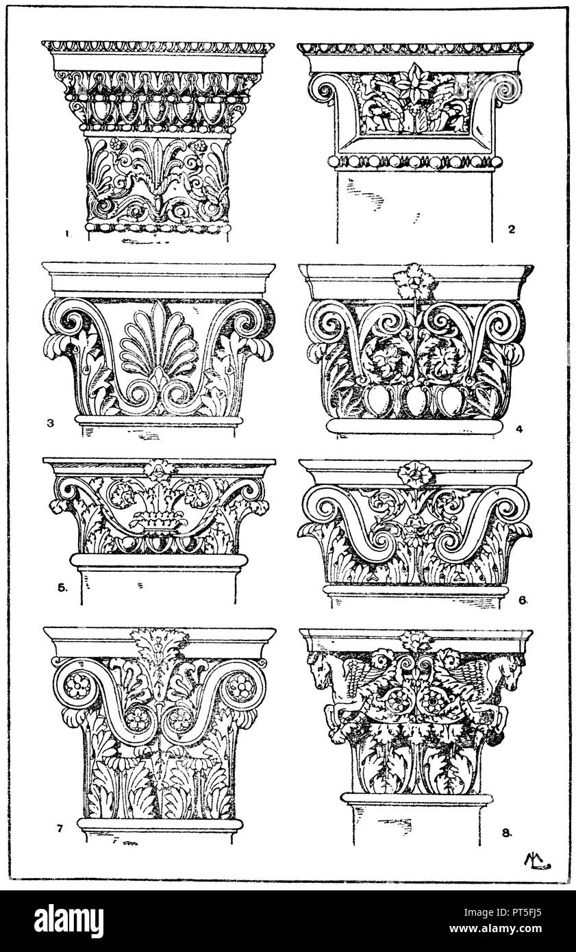 Pilaster capitals: 1st Greek-Doric pilaster capitol before Erechtheion in Athens. 2nd Greek-Ionian wall pillar capitell. 3. Greek-Corinthian pilaster capitol. 4-6. Roman-Corinthian pilaster capitals. (Bötticher). 7. Roman-Corinthian pilaster capitol from the Pantheon in Rome. 8. Roman-Corinthian pilaster capitol from the temple of Mars Ultor in Rome. (De Vico), ML  1918 Stock Photo