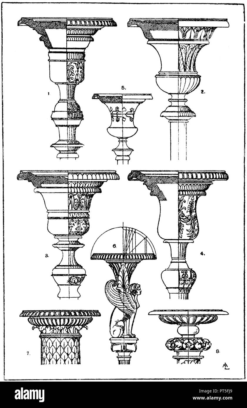 Candelabra chalices: 1-6. Goblets of antique bronze candelabra in the Museum of Naples. 7. Upper-end of a Roman Marble Candelabrum. 8. Upper-end of a Renaissance candelabrum. After a hand drawing in the Uffizi in Florence., ML  1918 Stock Photo