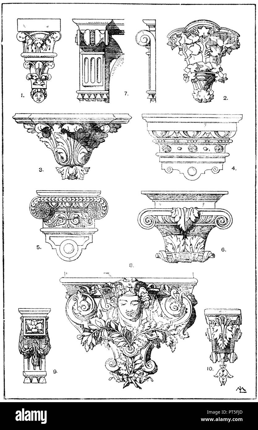 Consoles: 1. Romanesque console. Cathedral to Noyon 12th century (Raguenet). 2. Gothic console. From St. Pierre under Vezelay (business hall). 3rd console. French Renaissance. From the castle to Blois. 4th 5th Consoles. German Renaisance. From the new castle in Baden-Baden. (Gmelin). 6. console. German Renaissance. From Heidelberg Castle. 7. Triglyphs console. French late Renaissance. 8. French console from the library of the Louvre. Architect Lefuel. (Raguenet). 19th century. 9. French console. (Raguenet). 19th century.10. French console. New Casino in Lyon. Architect Porte. (Raguenet). 19th  Stock Photo