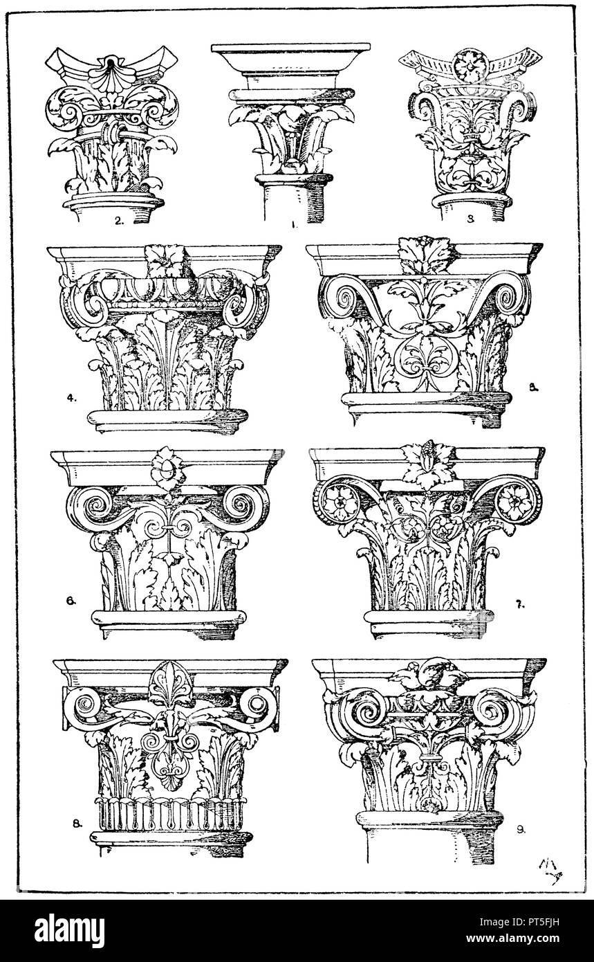 1st Renaissance pillared capitell from a Holbein's hand drawing. (Guichard). 2nd 3rd Renaissance pillar capitals after designs by Heinrich Vogtherr. (Hirth). 4. Composite capitell. Italian Renaissance. 5th pillar capitol from the Palazzo Scrofa in Ferrara. Ital. Renaissance. 6. Columnar of capitals. Italian Renaissance. From a tomb in Sta. Maria del popolo in Rome. Sansovino. 7. Columnar of capitals. Italy. Renaissance. Palazzo Zorzi in Venice. 8th pillar capitol of the municipal bath in Karlsruhe. Architect Durm. 19th century. 9. French column capitell. Vaudeville theater in Paris. Architect  Stock Photo