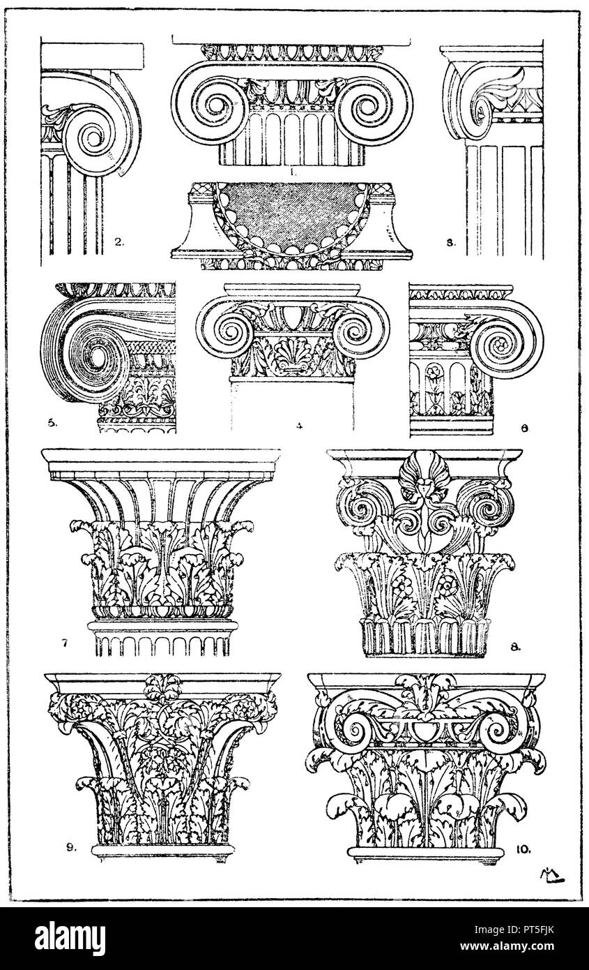 Column-capitals: 1. Greek-Ionian normal capitell. (Jacobsthal). 2. Ionian column capitel from the temple to Bassä. 3. Ionian half-column capitell from Pompeii. 4. Roman-Ionian column capitell. (Musterornarnente). 5. Greek-Ionian pillar capitell of the Erechtheion in Athens. 6. Ionian pillar capitell of the Louvre in Paris. 7. Antique Corinthian pillar capitell. Found on Milo. (Role models for manufacturers and craftsmen). 8. Greek-Corinthian pillar capital from the monument of the Lysic Council in Athens. 9. Roman-Corinthian pillared capitell from the imperial palaces in Rome. 10. Roman compos Stock Photo