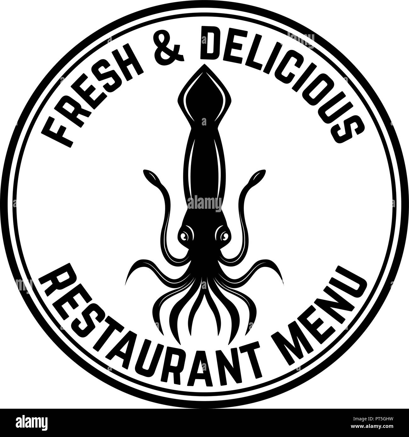 Fresh seafood. Emblem template with squid. Design element for logo