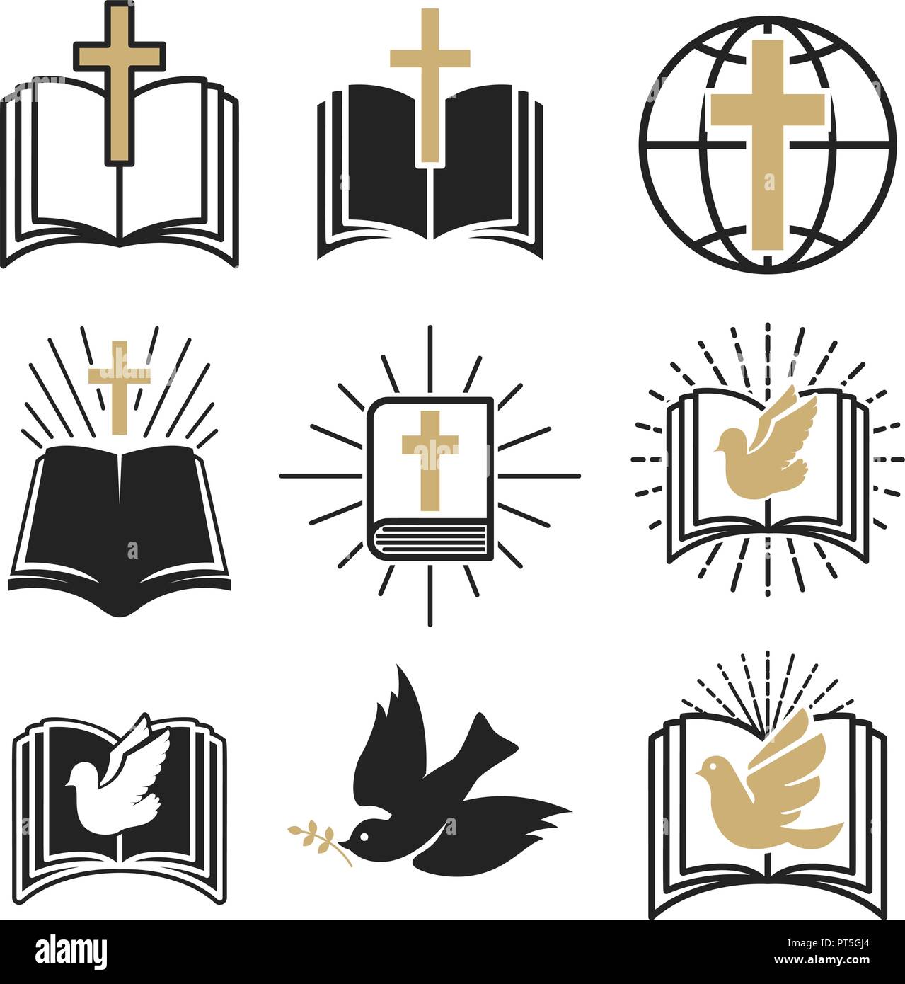 Set of religious signs. Cross with dove, holy spirit, bible. Design elements for emblem, sign, badge. Vector illustration Stock Vector