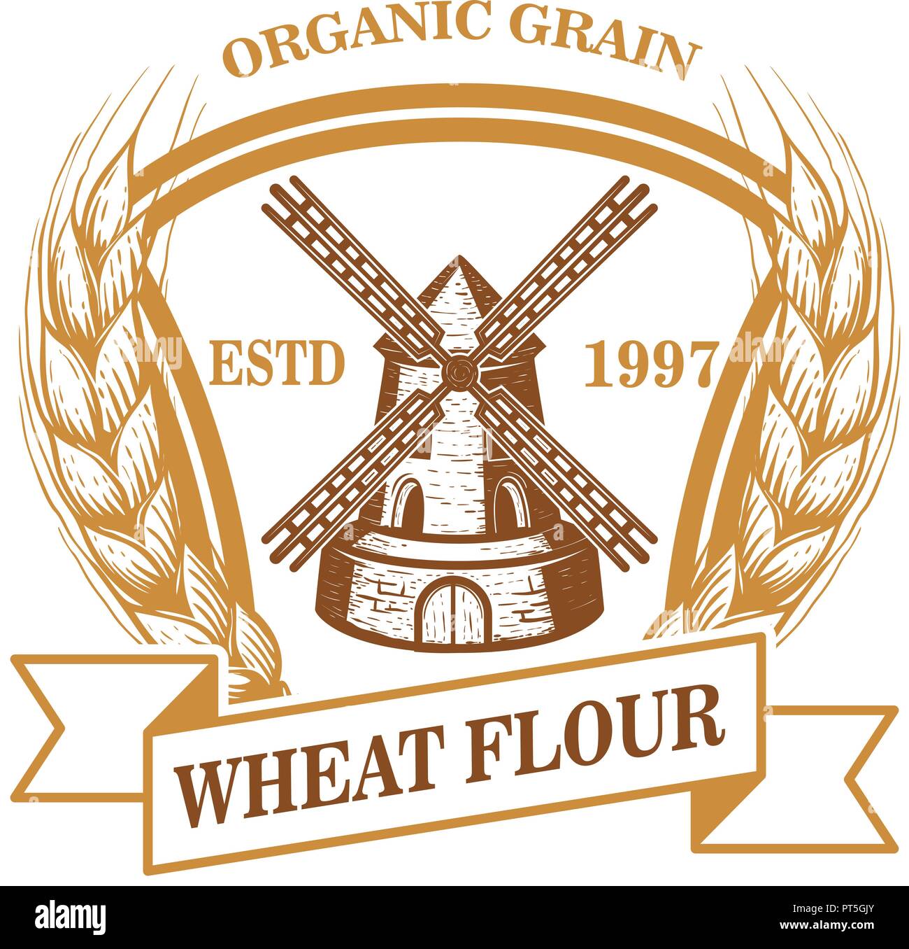 Wheat flour label template with wind mill. Design element for logo