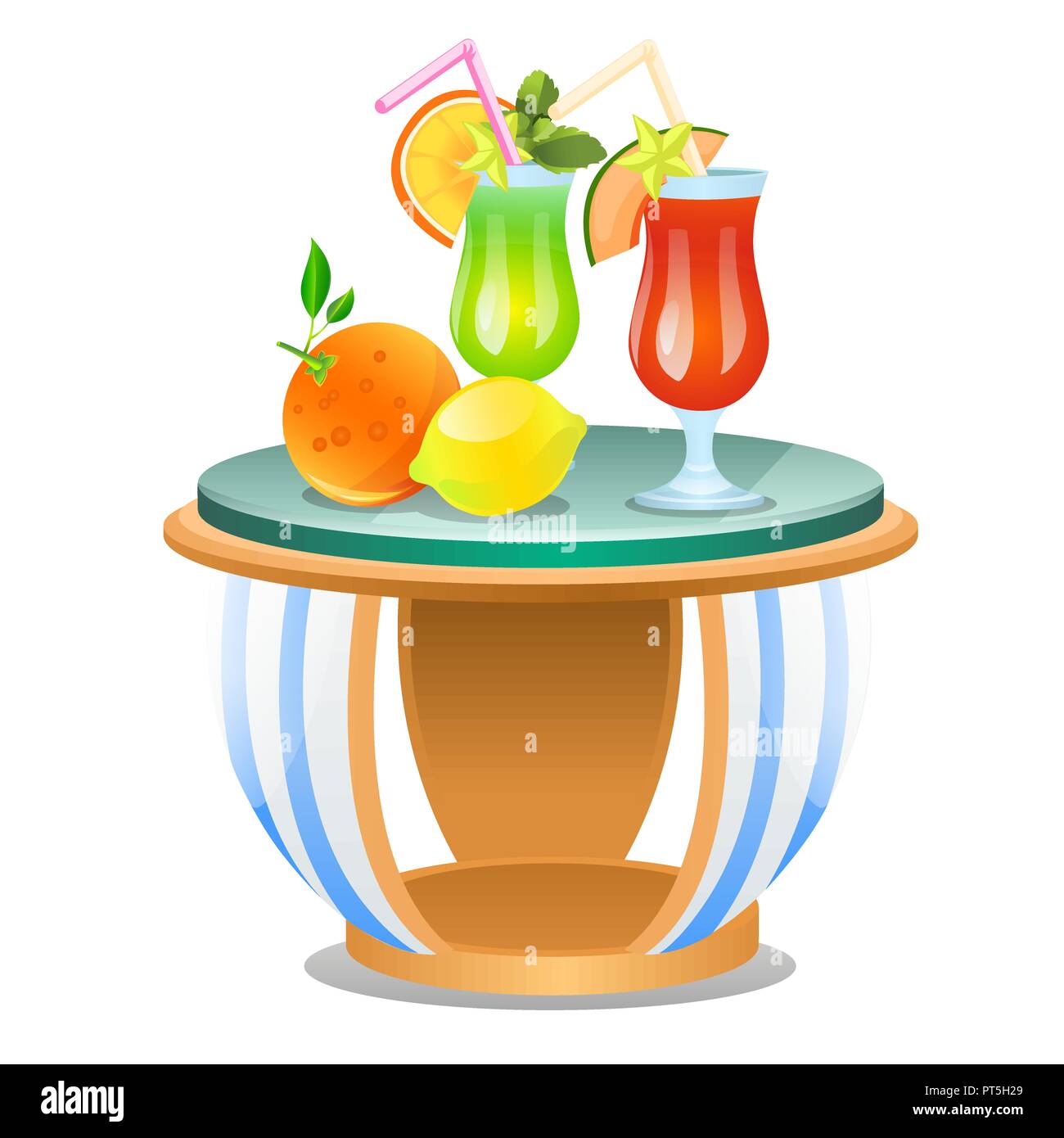 Small table with set of fresh fruit drinks isolated on white background. Vector cartoon close-up illustration. Stock Vector