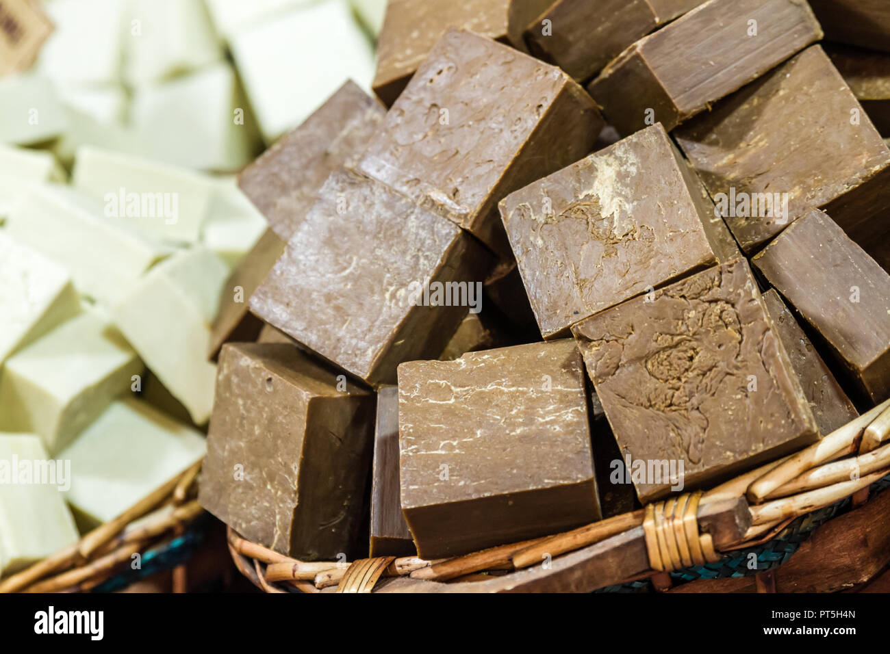 Home made natural soaps made from various raw vegetable oils Stock