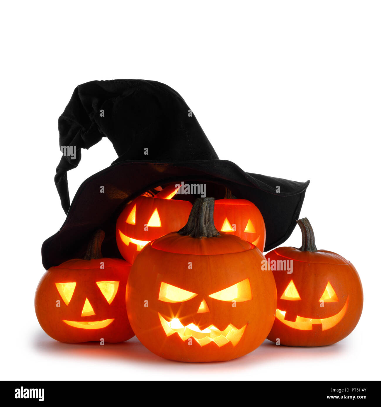 Jack O Lantern Halloween pumpkins with big witches hat isolated on ...