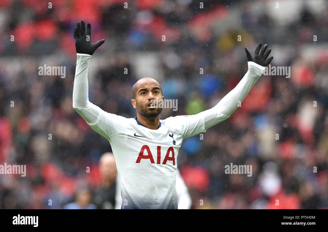 Lucas Moura of Spurs reacts to a missed chance during the Premier League match between Tottenham Hotspur and Cardiff City at Wembley Stadium , London , 06 October 2018  Editorial use only. No merchandising. For Football images FA and Premier League restrictions apply inc. no internet/mobile usage without FAPL license - for details contact Football Dataco Stock Photo