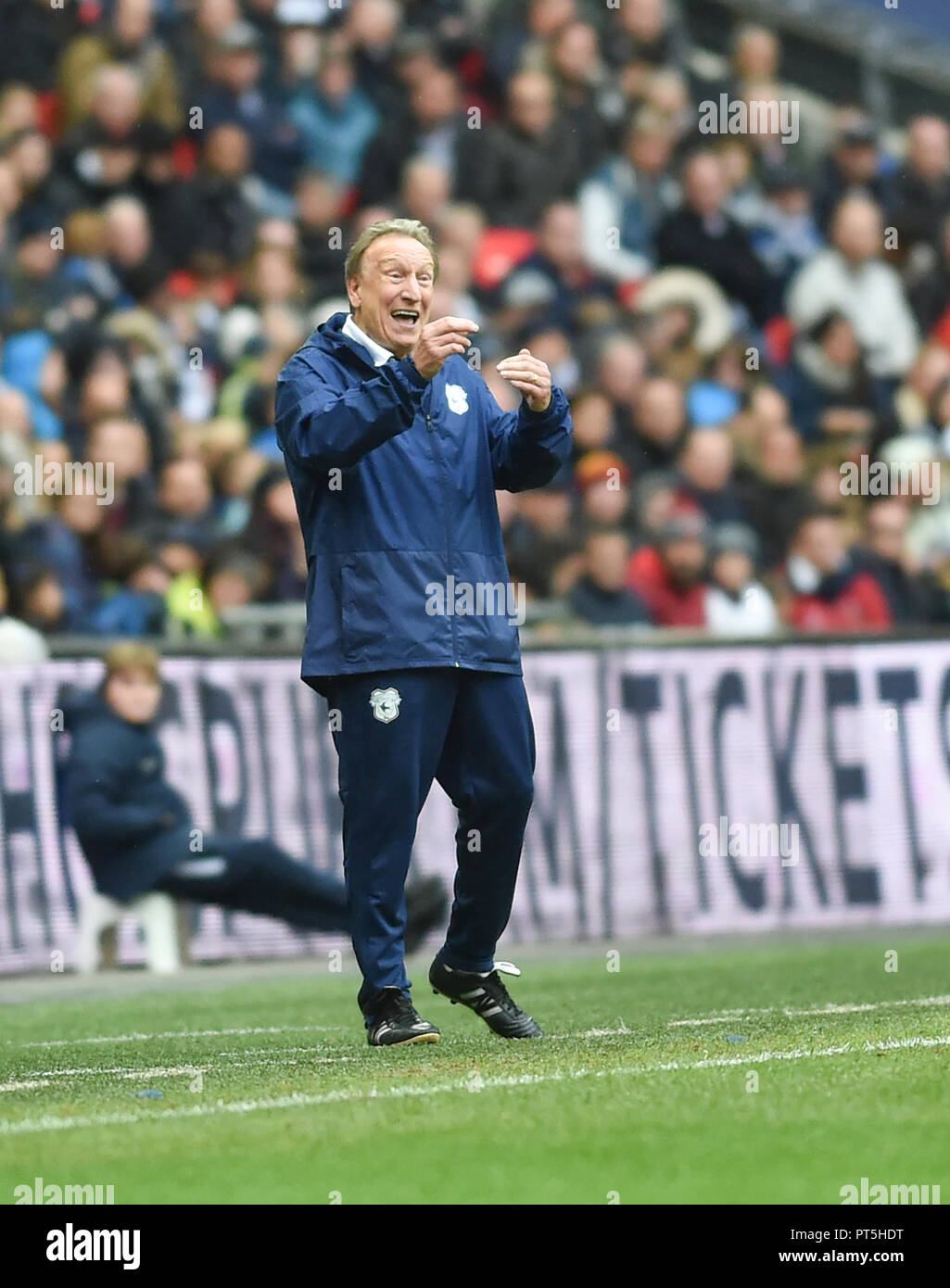 Cardiffs Manager  Neil Warnock during the Premier League match between Tottenham Hotspur and Cardiff City at Wembley Stadium , London , 06 October 2018 Editorial use only. No merchandising. For Football images FA and Premier League restrictions apply inc. no internet/mobile usage without FAPL license - for details contact Football Dataco Stock Photo