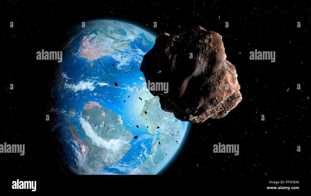 Illustration of an asteroid approaching Earth during the Cretaceous period, poised to exterminate the dinosaurs. Near-Earth asteroids are a constant threat to our planet Stock Photo