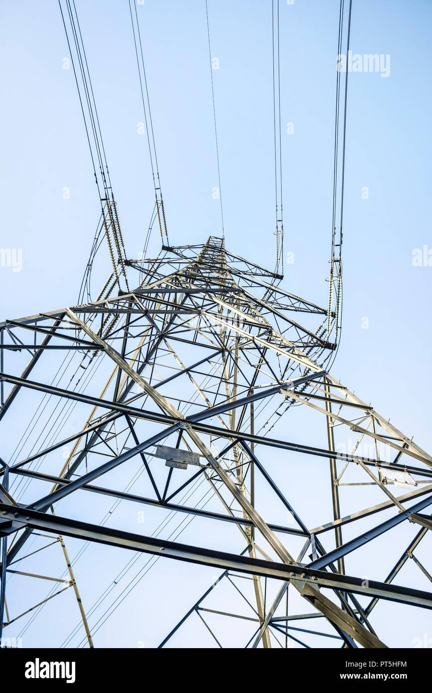 Electricity pylon and power lines. Photographed in North Wales, UK. Stock Photo