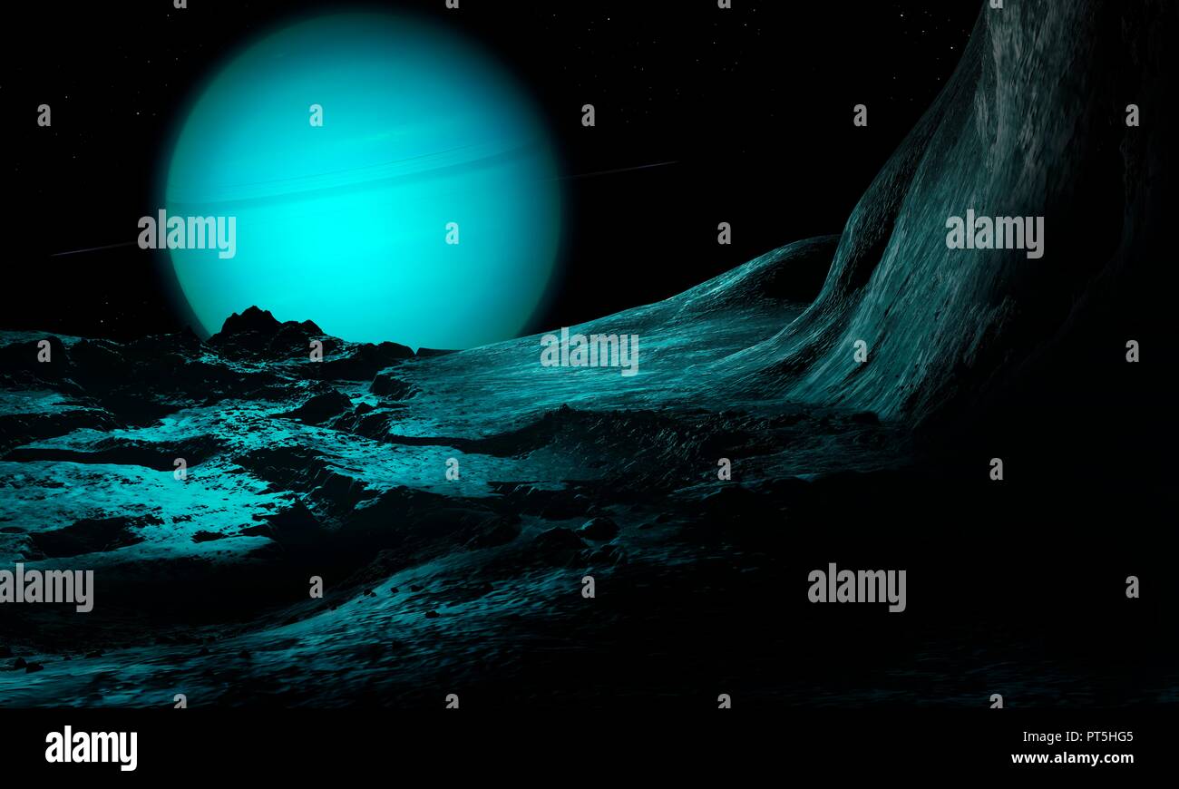 Illustration of the green ice giant planet Uranus, seen from the surface of its innermost substantial moon, the fractured Miranda. Uranus is the seventh planet in order of distance from the Sun, orbiting at an average distance of 2.85 billion km. It is unusual in that it has a very pale, almost featureless atmosphere, and an axial tilt close to 100 degrees. Mirandaâ€™s odd surface, including the highest cliff in the known solar system, suggests that the world was broken apart in a collision and later reassembled. Stock Photo