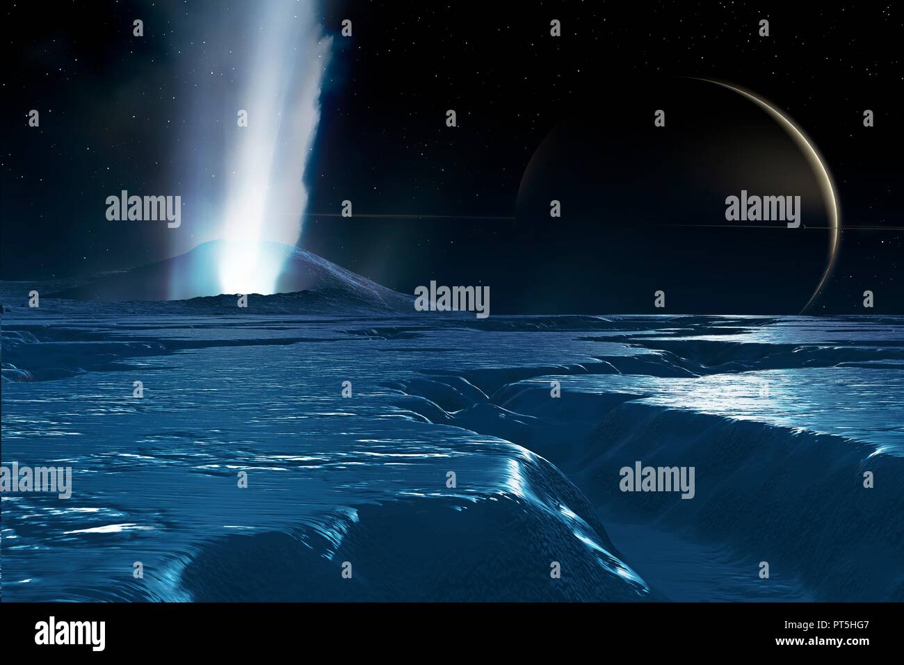 Water plumes on Enceladus, illustration. Enceladus is a mid-sized satellite of Saturn, about 500 km across, known since 1789. It is only one-tenth the size of the largest Saturnian moon, Titan. In 2005, the Cassini spacecraft discovered that this relatively small world is, surprisingly, geologically active. Geyser-like jets of water were seen venting from the moon's south-polar surface ices, vented by a process called cryovolcanism ('cold volcanism'). Another satellite, Mimas, is seen on Saturn's ring plane. Stock Photo