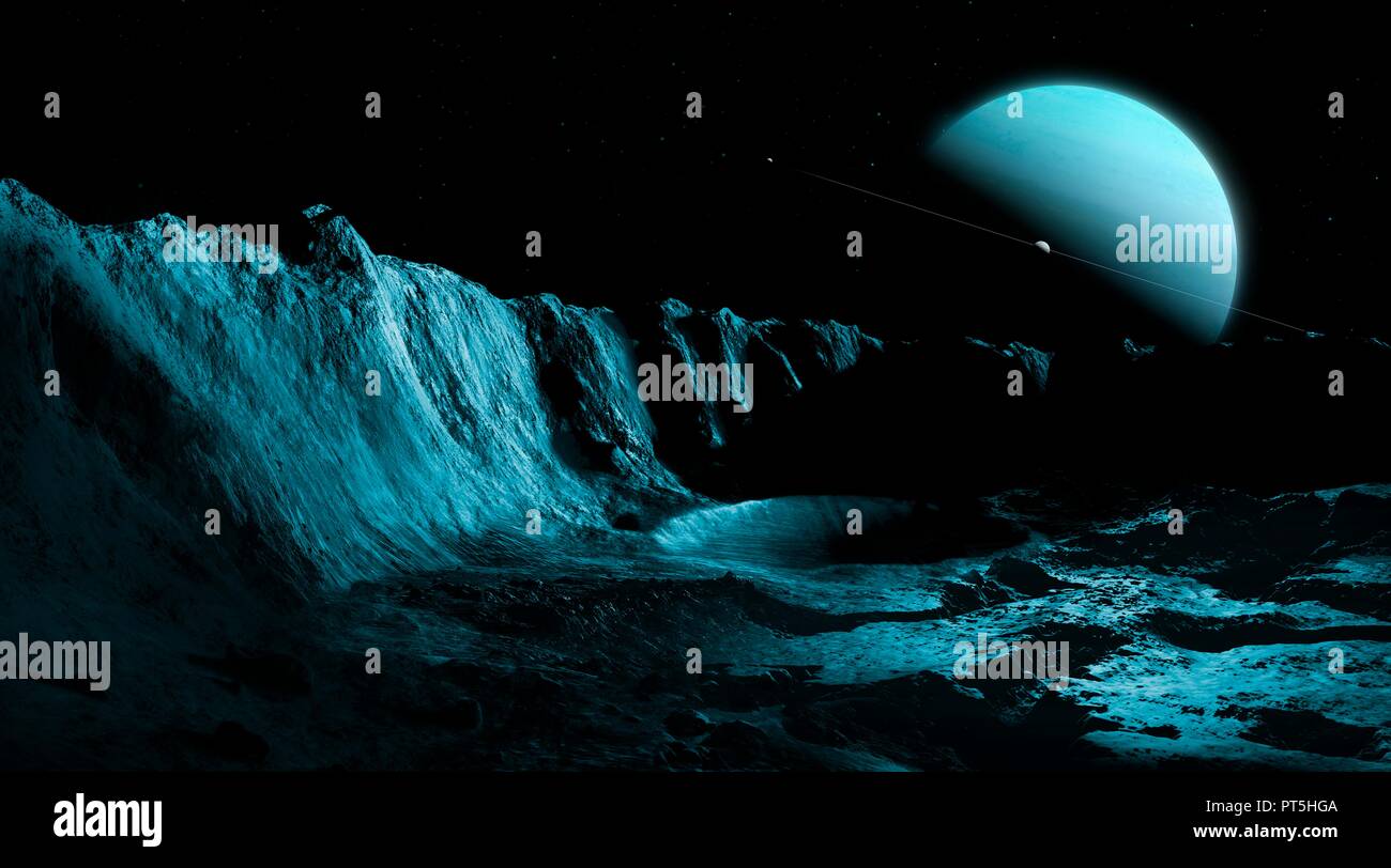 Illustration of the green ice giant planet, Uranus, seen from the surface of its innermost substantial moon, Ariel. Uranus is the seventh planet in order of distance from the Sun, orbiting at an average distance of 2.85 billion km. It is unusual in that it has a very pale, almost featureless atmosphere, and an axial tilt close to 100 degrees. Two other moons, Miranda (right) and Umbriel (left), are seen on the ring plane. Stock Photo