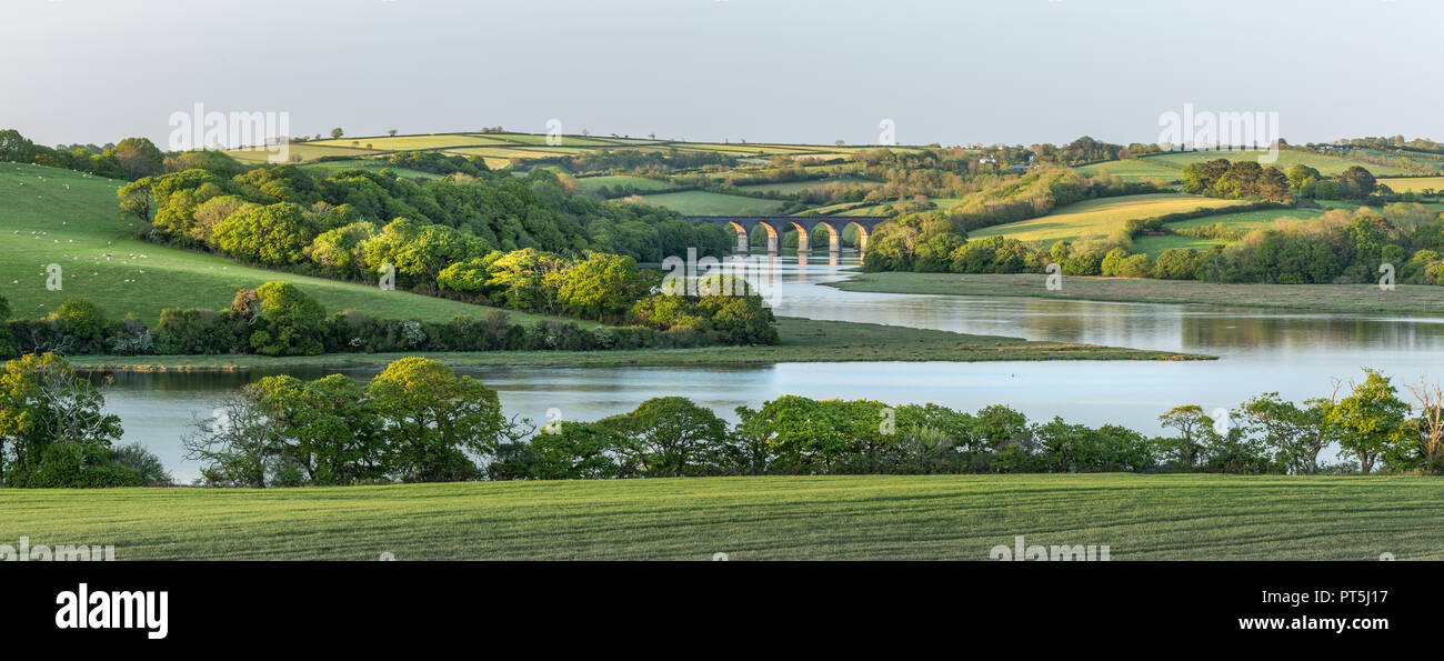 Golden Light over the Notter Viaduct, River Lynher, Cornwall Stock Photo
