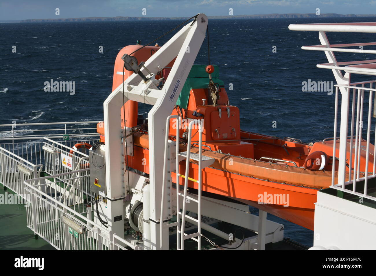 Life boat on Caledoniam MacBrayne Calmac ferry travelling at sea from Stornoway to Ullapool in the Outer Hebrides west coast Scotland Stock Photo