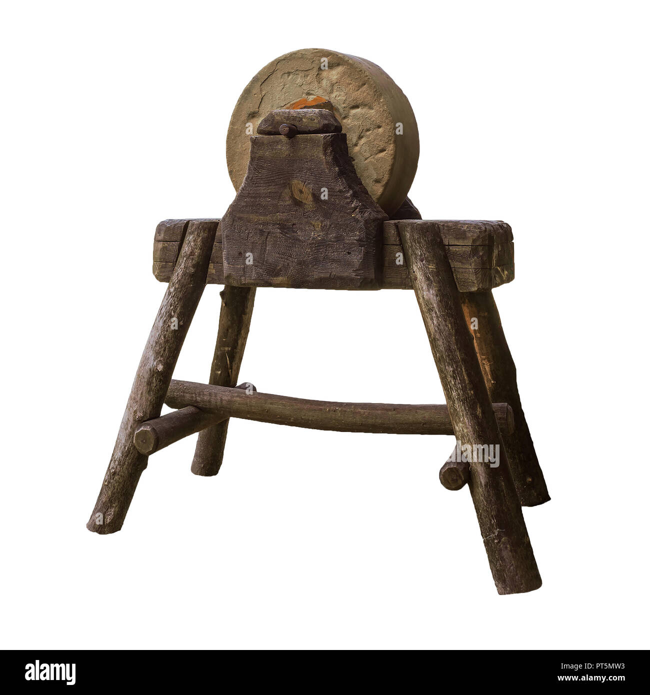 Circular grindstone on serious wooden stand . Very vintage work tool