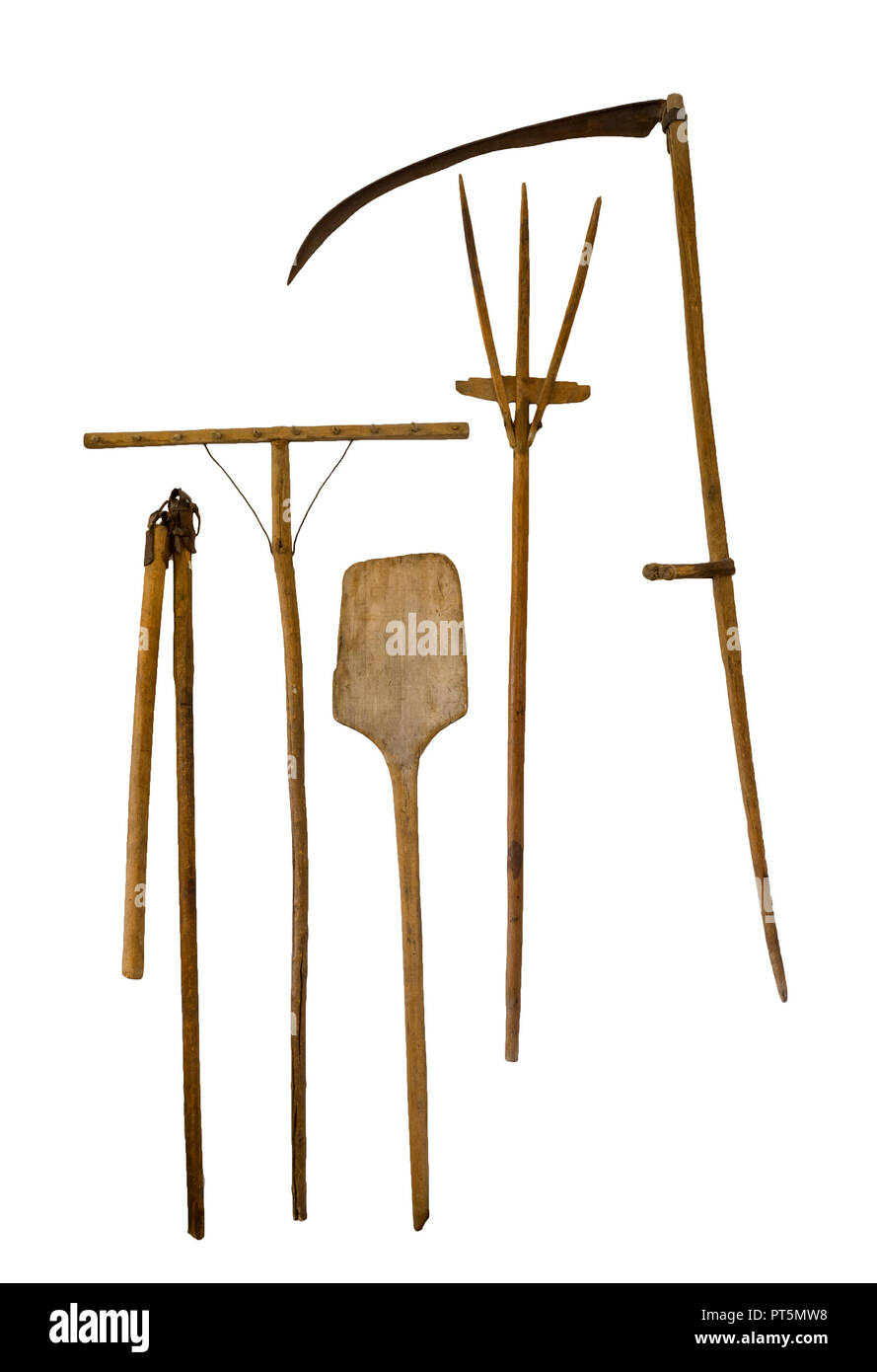 old garden tools shovel pitchfork rake scythe isolated on white