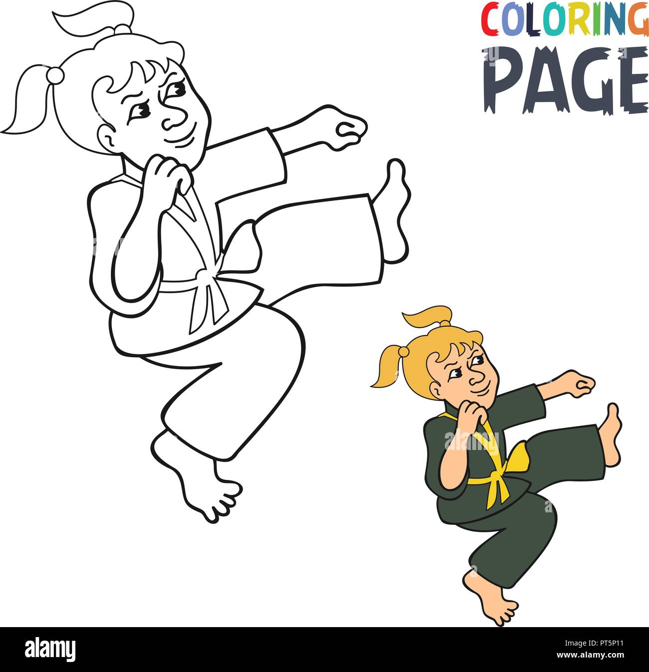 coloring page with woman martial art cartoon Stock Vector