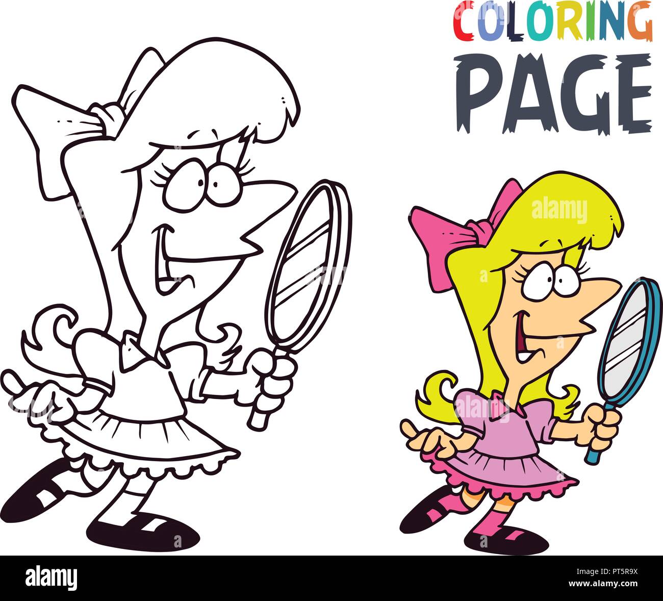 young girl with mirror cartoon coloring page Stock Vector