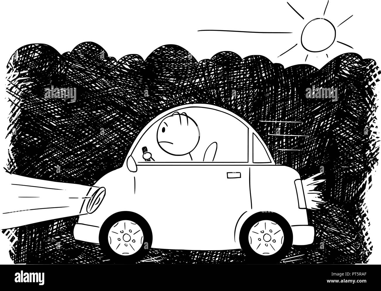 Cartoon Drawing of Car Driving Through Smog and Exhaust Fumes Stock Vector