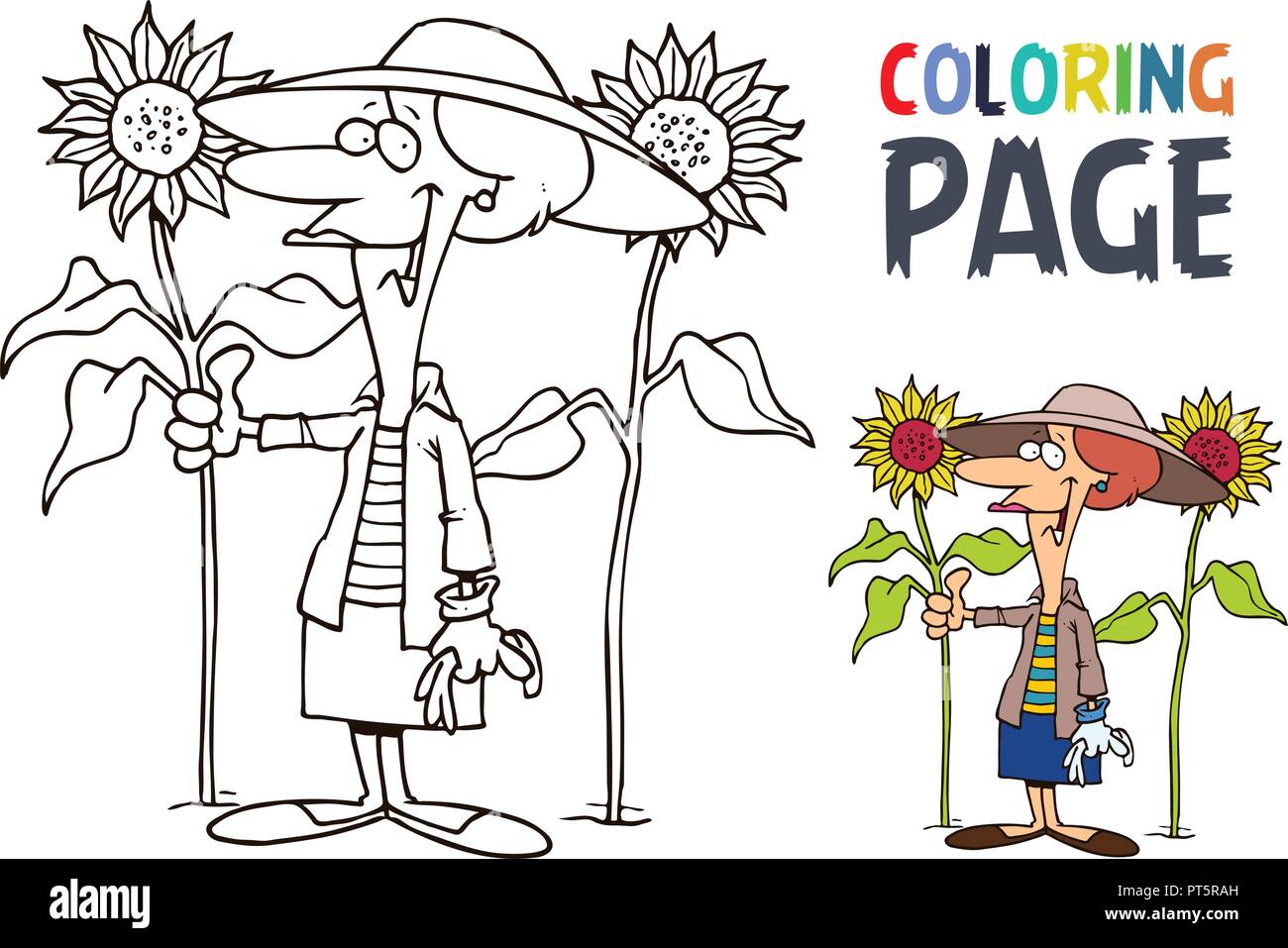 grandmother and sunflower cartoon coloring page Stock Vector