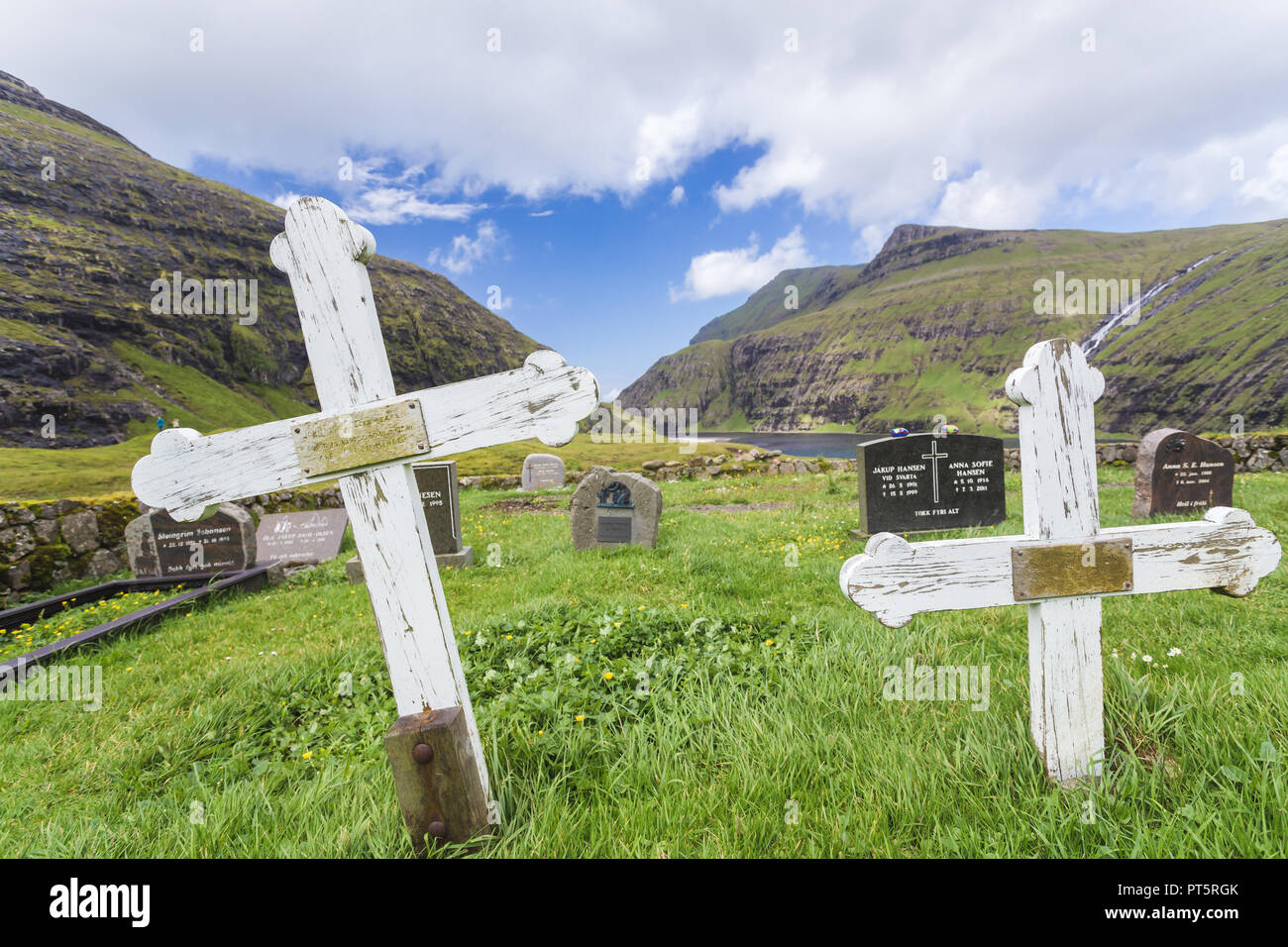 Nordic natural landscape, Saksun, Stremnoy island, Faroe Islands, Denmark. Iconic green roof houses. Stock Photo