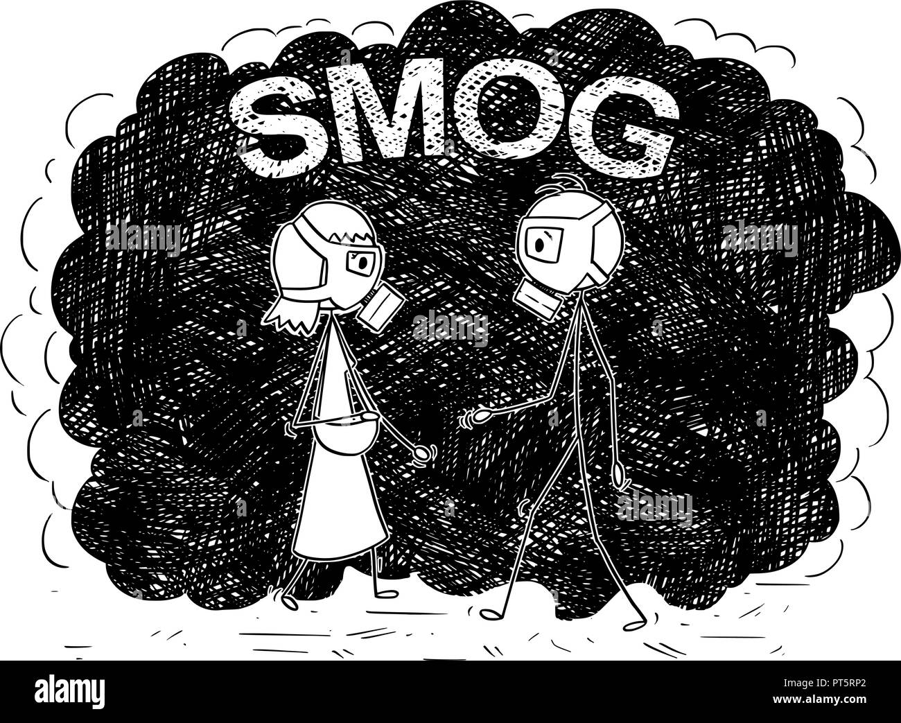 Cartoon of Man and Woman With Gas Masks Walking in Smog or Polluted Air Stock Vector