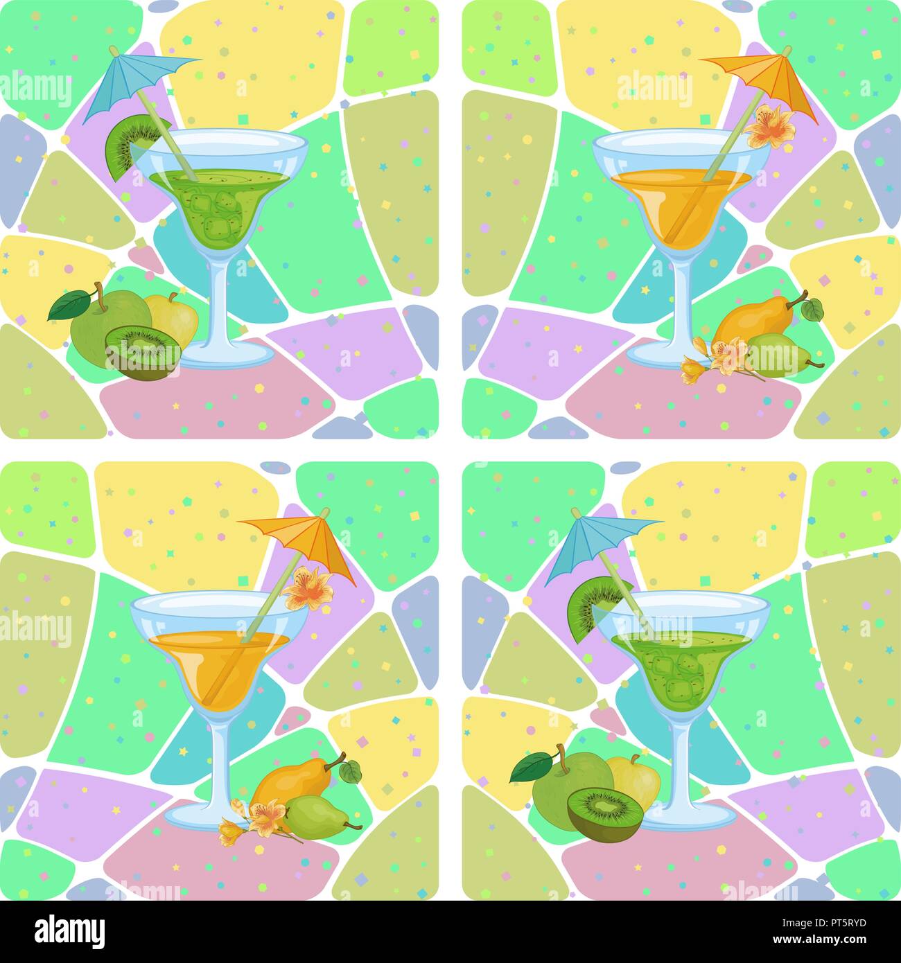Seamless Background, Glasses with Drink and Fruit, Apples, Kiwis, Pears and Abstract Pattern. Eps10, Contains Transparencies. Vector Stock Vector