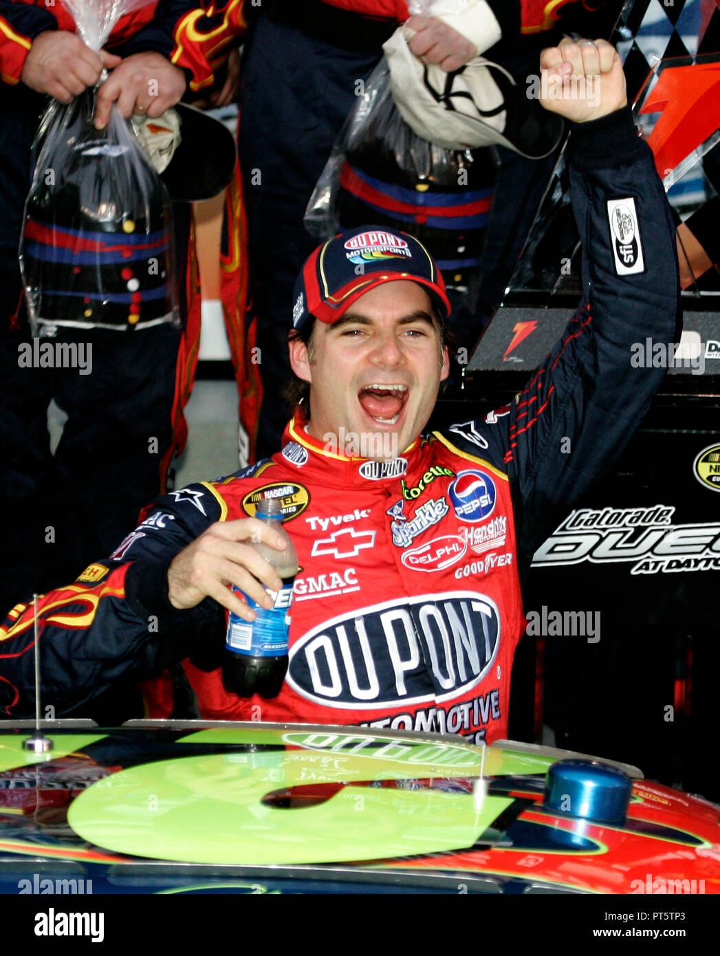 Jeff Gordon celebrates winning the NASCAR Gatorade Duel #2 at Daytona International Speedway in Daytona Beach, Florida on February 15, 2007. Stock Photo
