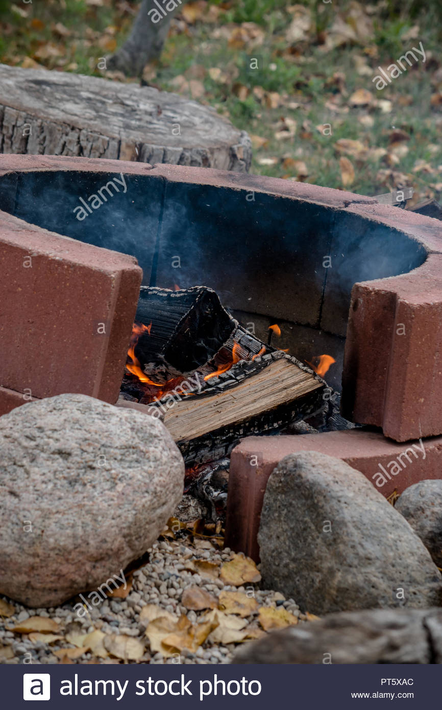 A Brick Fire Pit In A Canadian Backyard Stock Photo 221406596 Alamy