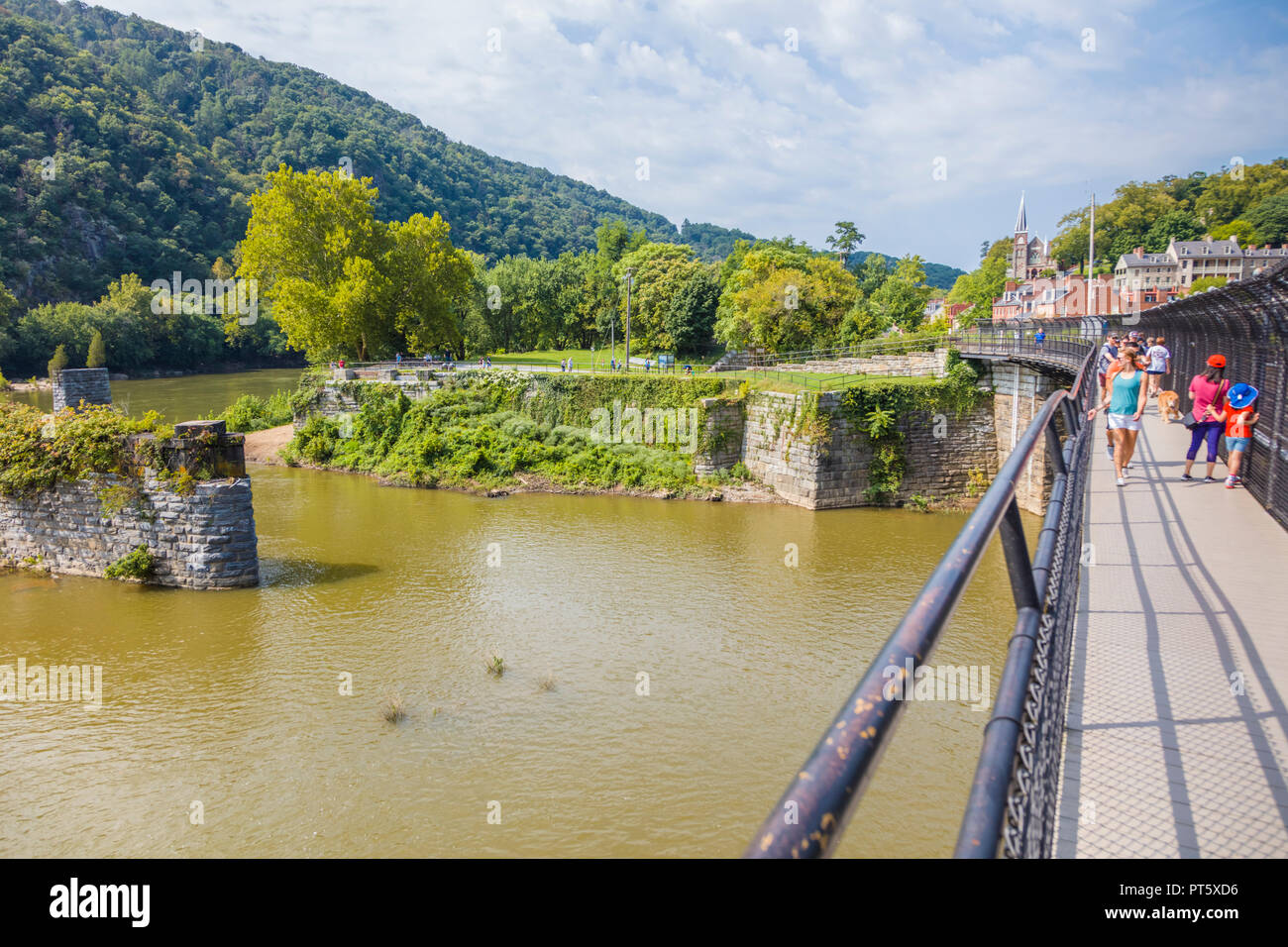 Appalachian Trail walkway on railroad bridge over Upper Potomac River in Harpers Ferry National Historical Park in West Virginia Stock Photo
