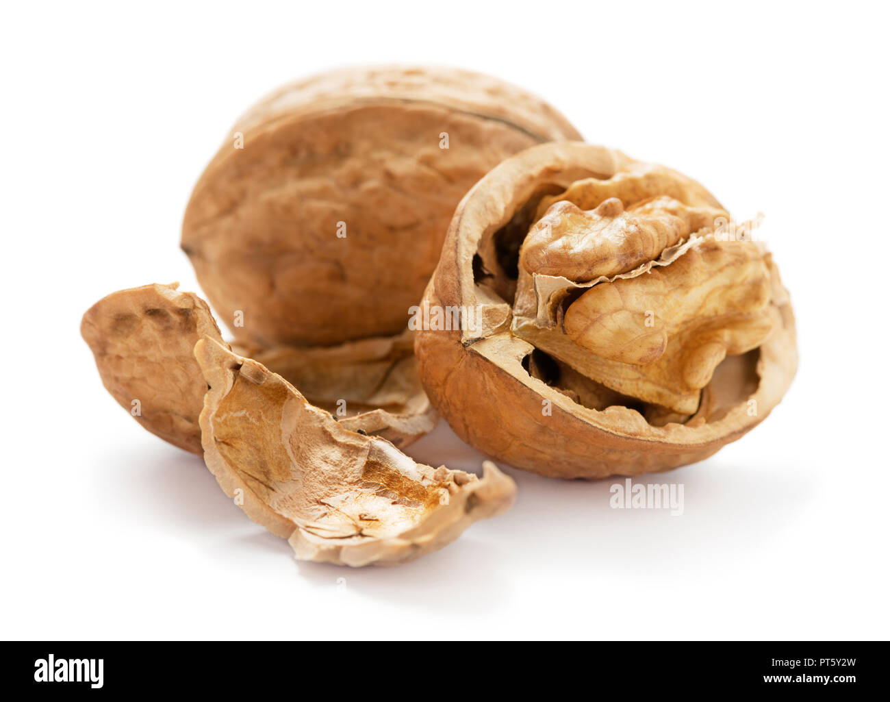 walnuts with cracked shell isolated on white background Stock Photo