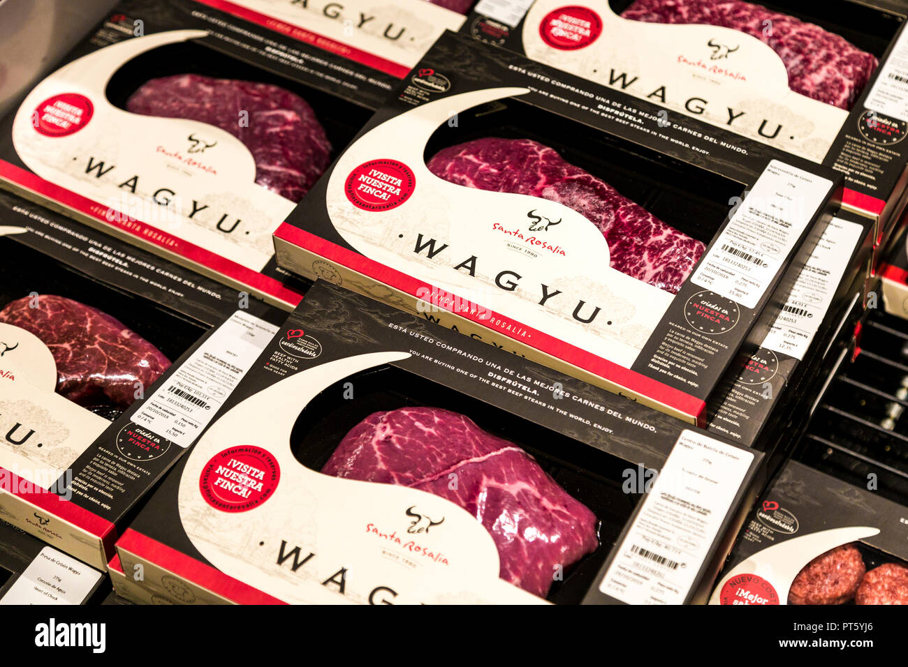 Packaged wagyu beef steaks at a supermarket Stock Photo