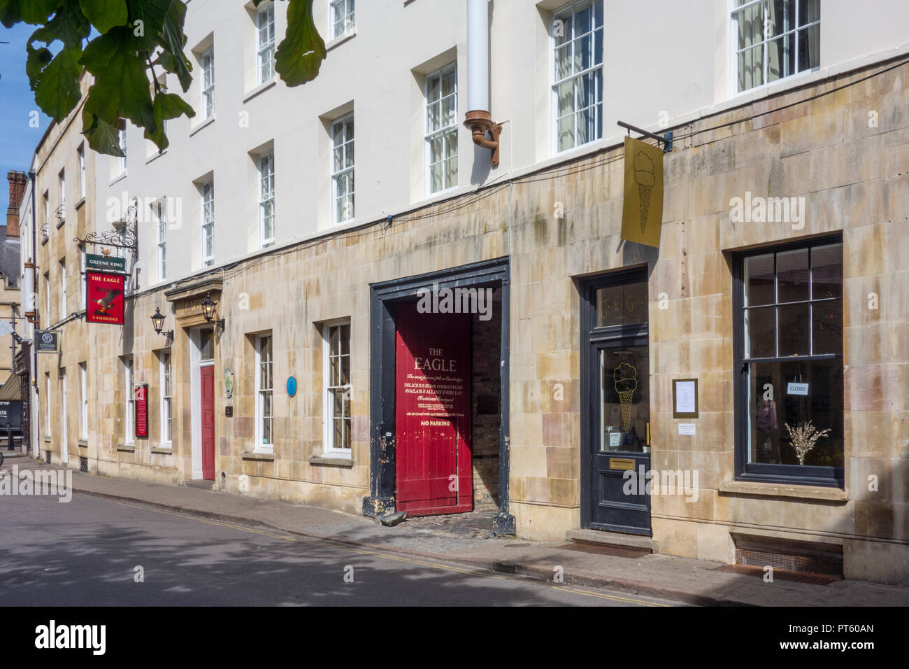 The Eagle, historic pub on Bene't Street, Cambridge, UK. Greene King brewery Stock Photo