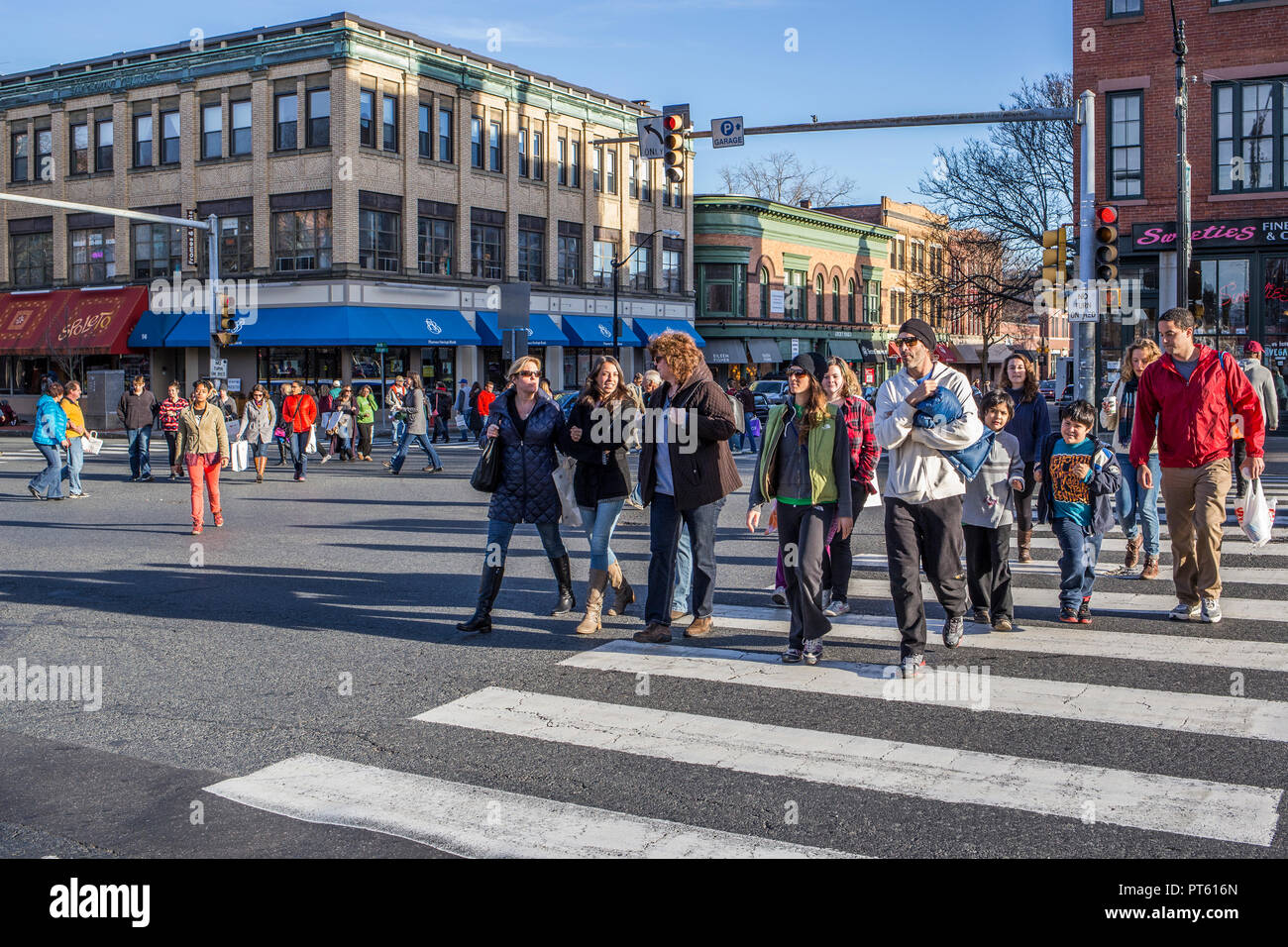 People crossing busy Main Street in Northampton, MA Stock Photo