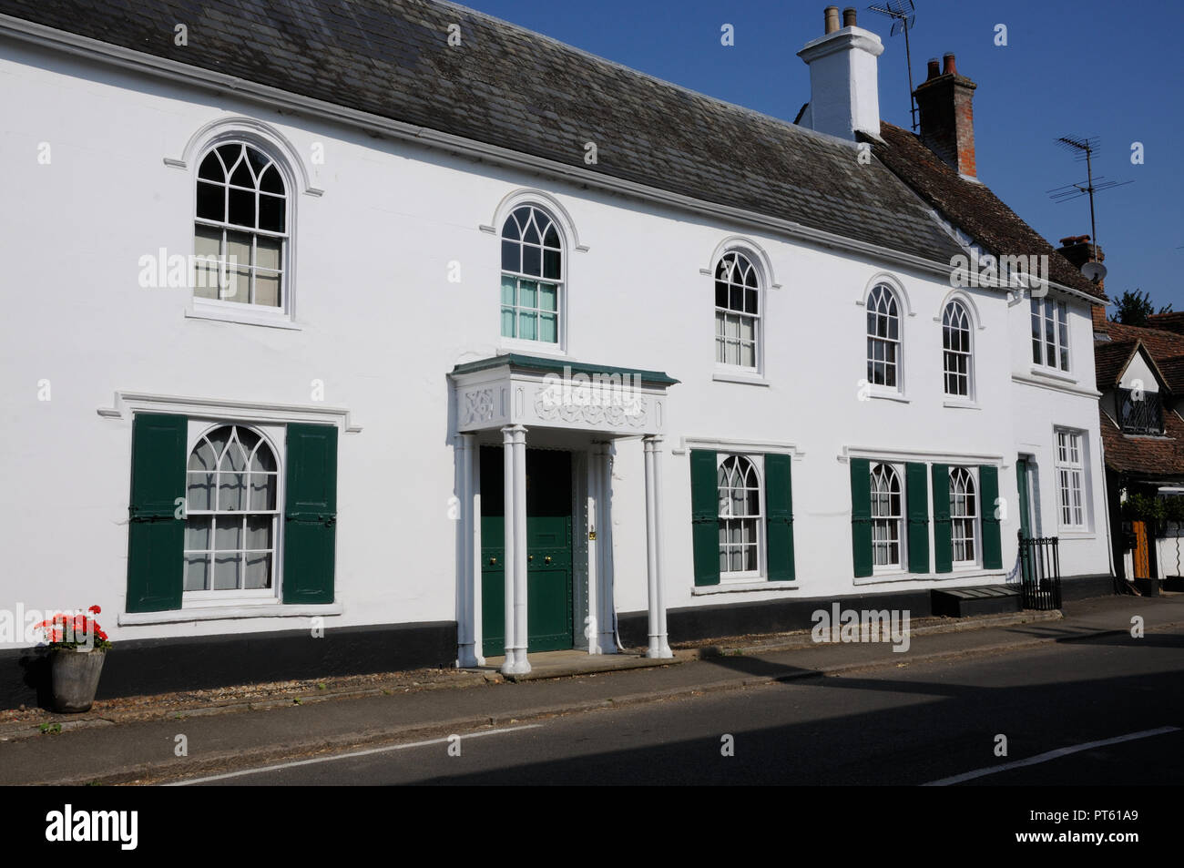 The White House, Much Hadham, Hertfordshire, has a 19th c Gothic Porch and windows Stock Photo