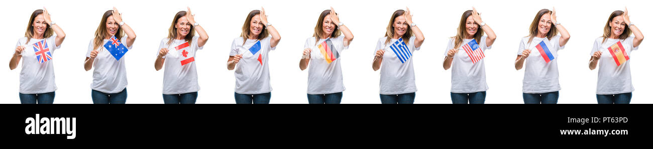 Collage of middle age mature woman holding flags of different countries over white isolated background stressed with hand on head, shocked with shame  Stock Photo