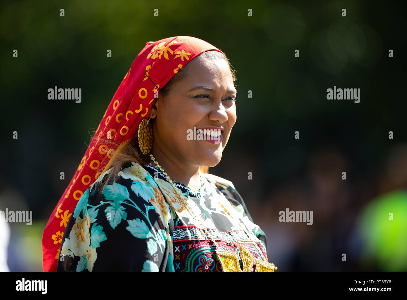Washington, D.C., USA - September 29, 2018: The Fiesta DC Parade, Woman wearing traditional Panamanian clothing Stock Photo