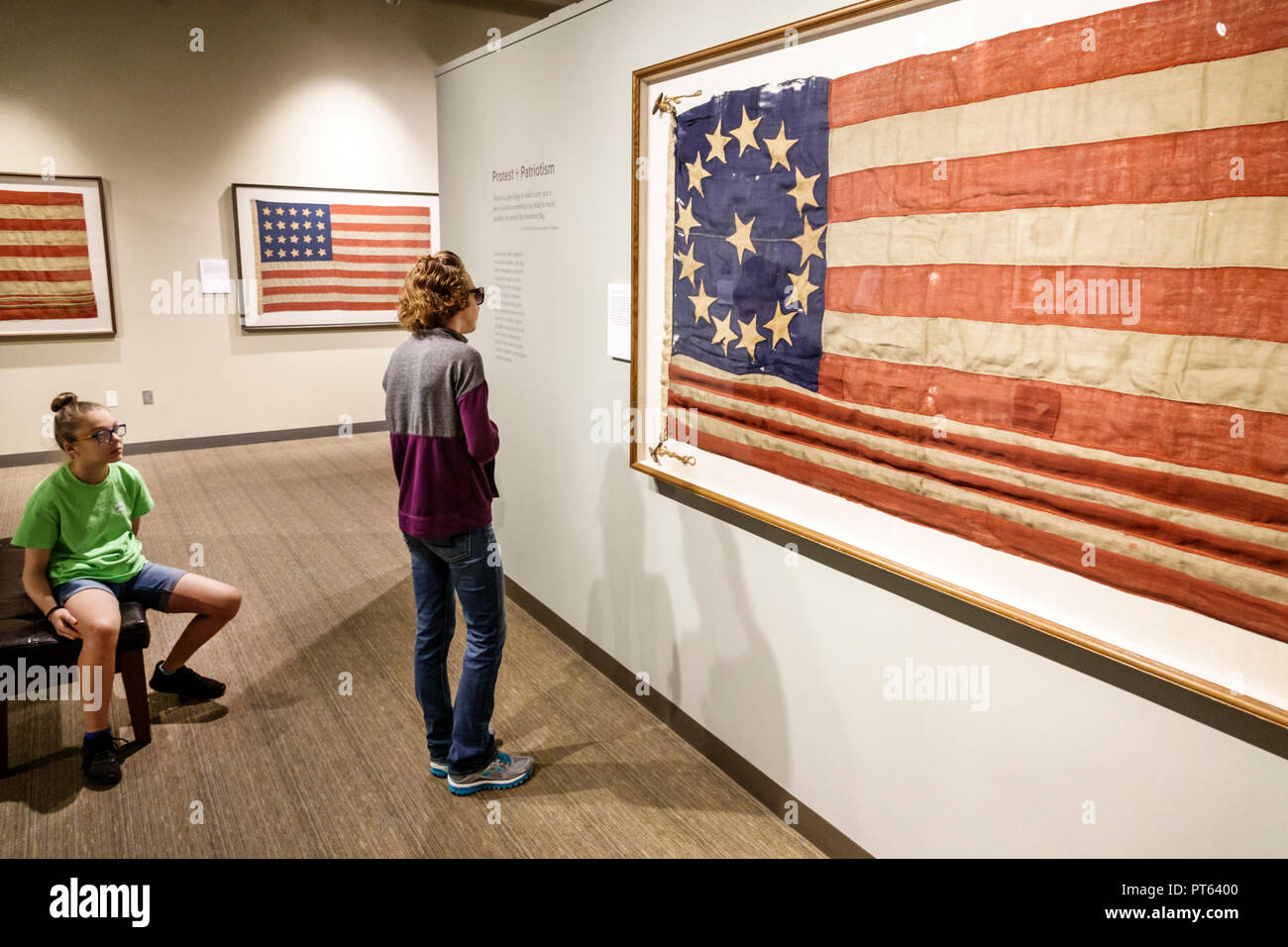 Florida,Tampa,Tampa Bay History Center centre,inside interior,collection,exhibits,14 star 1791 flag,girl girls,female kid kids child children youngste Stock Photo