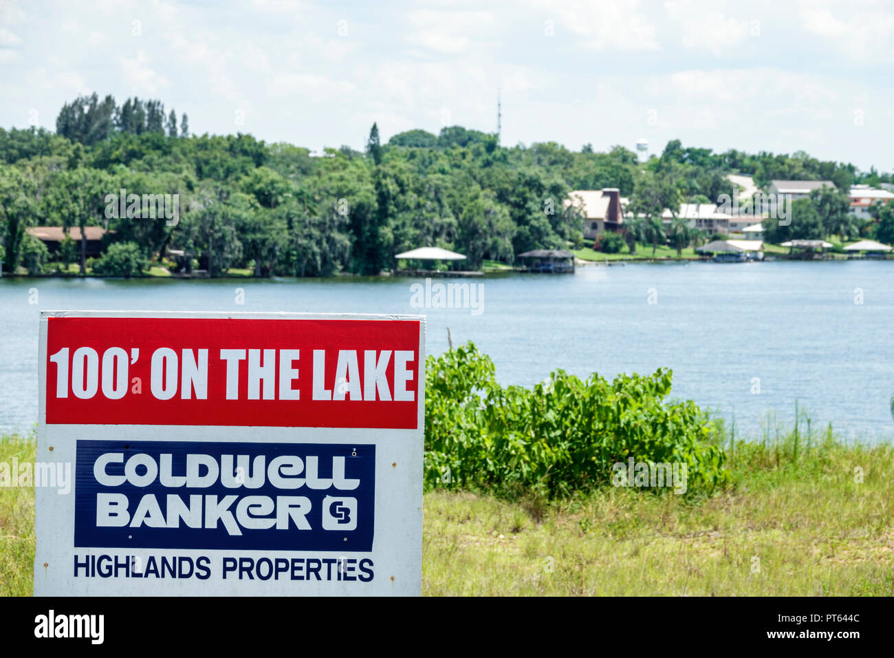 Florida,Lake Placid,Lake June-in-Winter,sign,waterfront land lot sale,FL180731246 Stock Photo