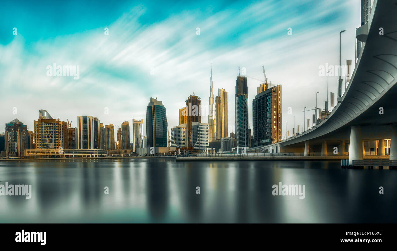 Dubai Morning always Different a shot taken with slow shutter to show the rapid city in a dynamic look Stock Photo