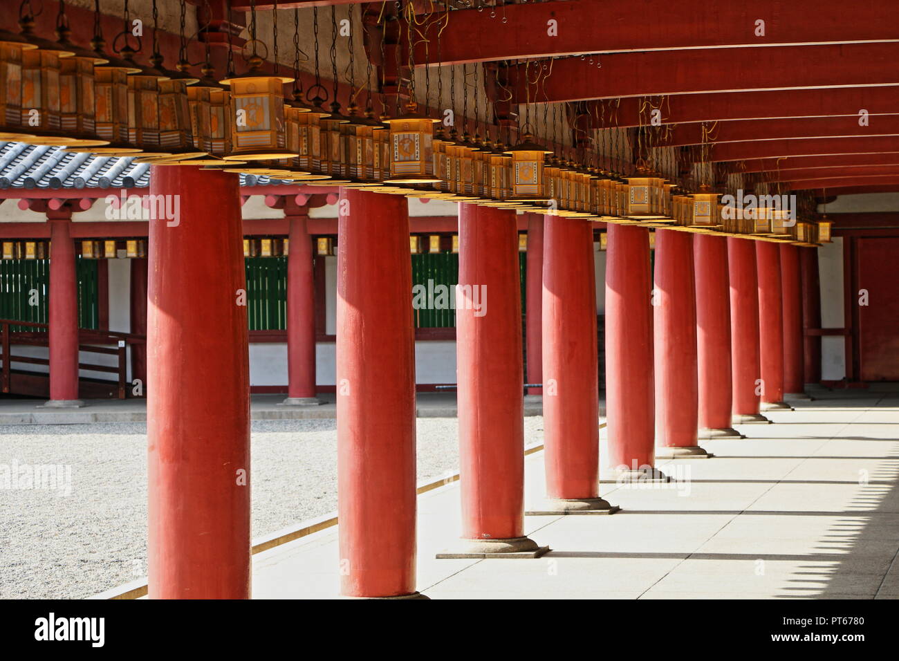 Japanese Temple Lanterns and Columns Stock Photo