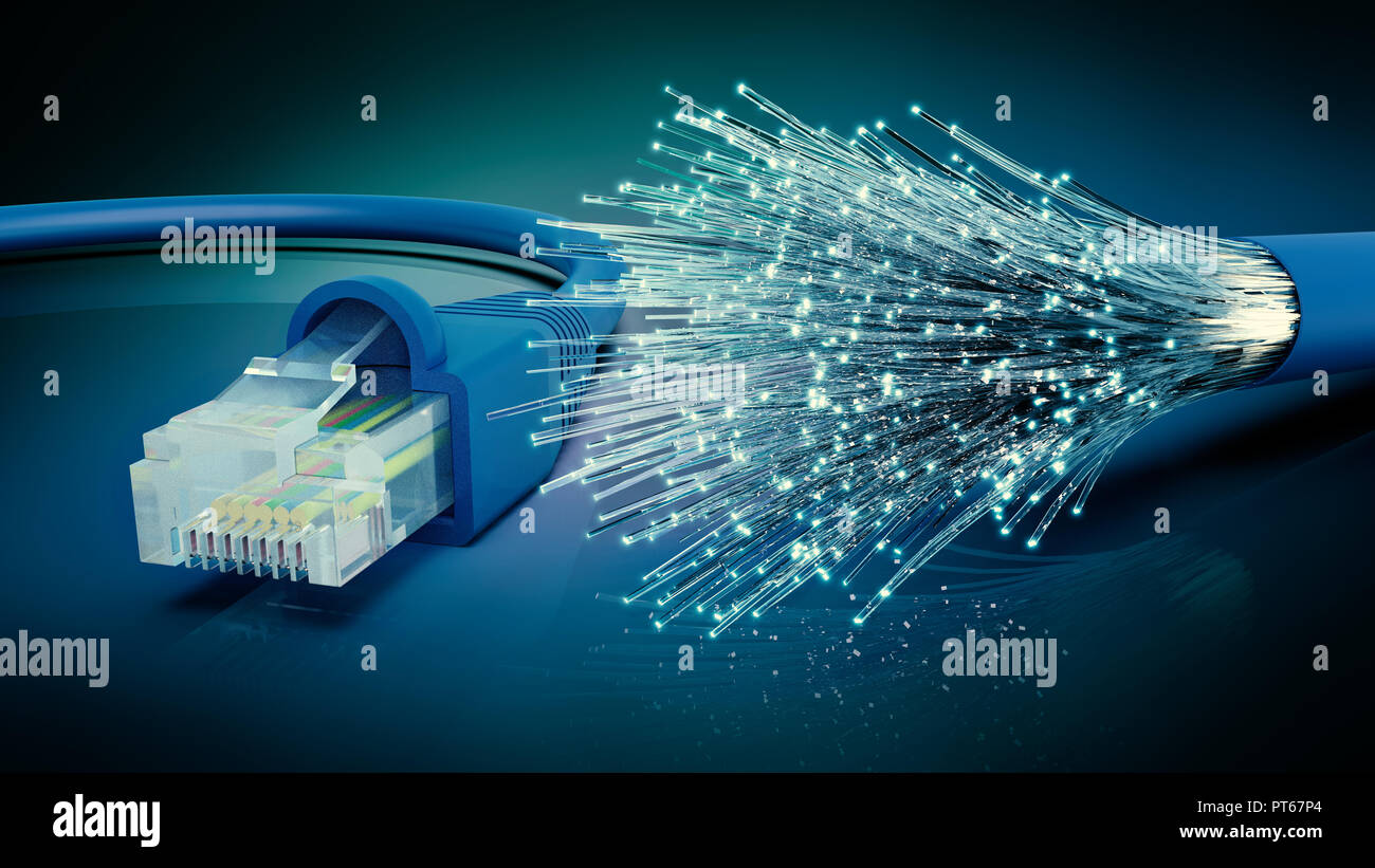 Network cable and optic fibre cable connection, 3D rendering Stock Photo