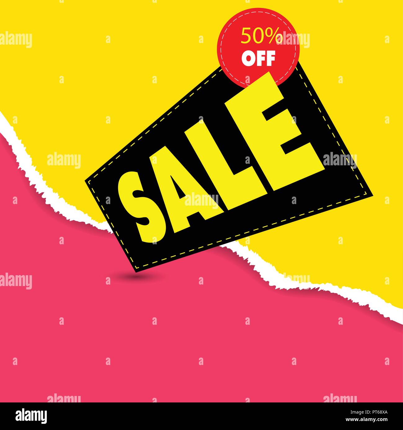 The paper was ripped background and discount 50 percent off label in flat style. Vector illustration. Stock Vector