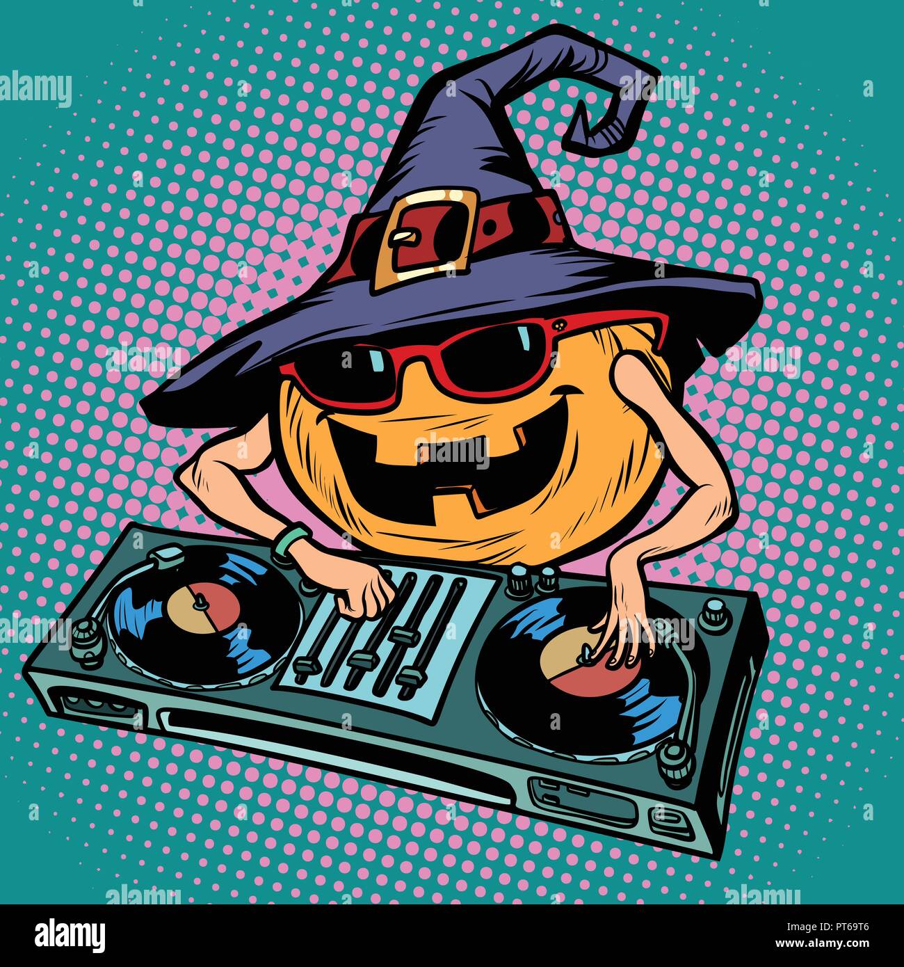 Halloween pumpkin DJ character. Musical holiday party. Comic cartoon pop art retro vector illustration Stock Vector